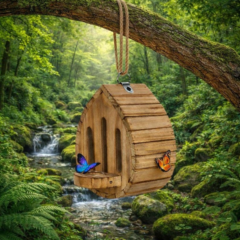 May include: A wooden birdhouse with a natural finish, hanging from a tree branch. The birdhouse has a unique design with vertical openings and a small perch. Two butterflies, one blue and one orange, are perched on the birdhouse. The background features a lush green forest and a stream.