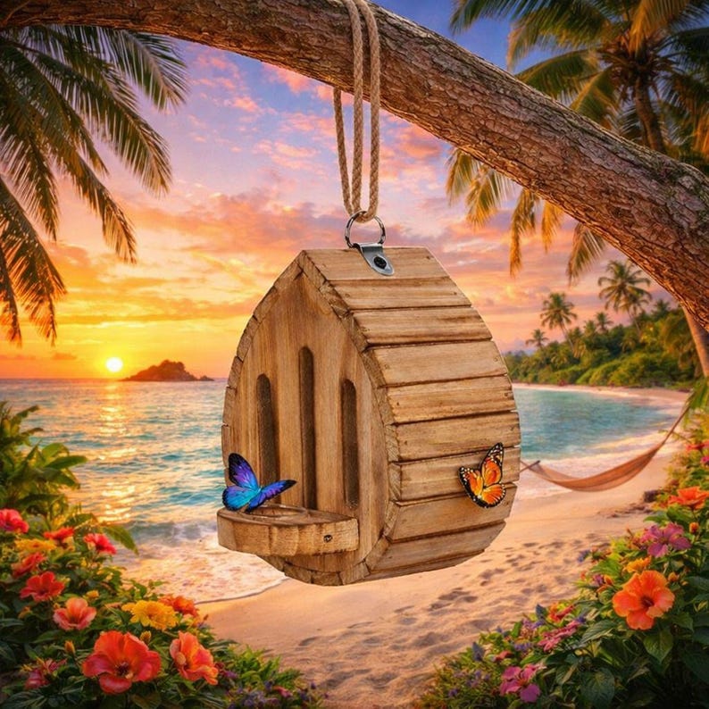 May include: A wooden birdhouse with a natural finish, hanging from a tree branch. The birdhouse has a small perch and is decorated with two butterflies. The background features a beach scene with a sunset.