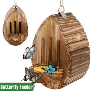 May include: Wooden butterfly feeder with a rustic design. The feeder has a small dish for nectar and vertical slots for ventilation. The image shows the feeder with several colorful butterflies. The text "Butterfly Feeder" is at the bottom.