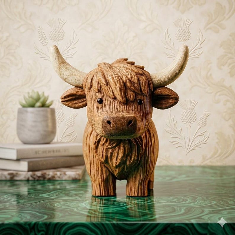 Hand Carving Wooden Highland Cow Figurine