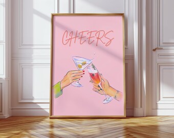 Cheers Poster – Illustration zweier anstoßender Cocktailgläser | Moderne Wandkunst Küche Bar | Geschenkidee