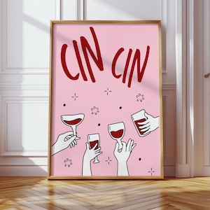 Cin Cin Poster – Moderne Wandkunst mit Weingläsern auf Rosa / Party-Deko für Küche & Bar / Geschenkidee Italien / Cheers Illustration