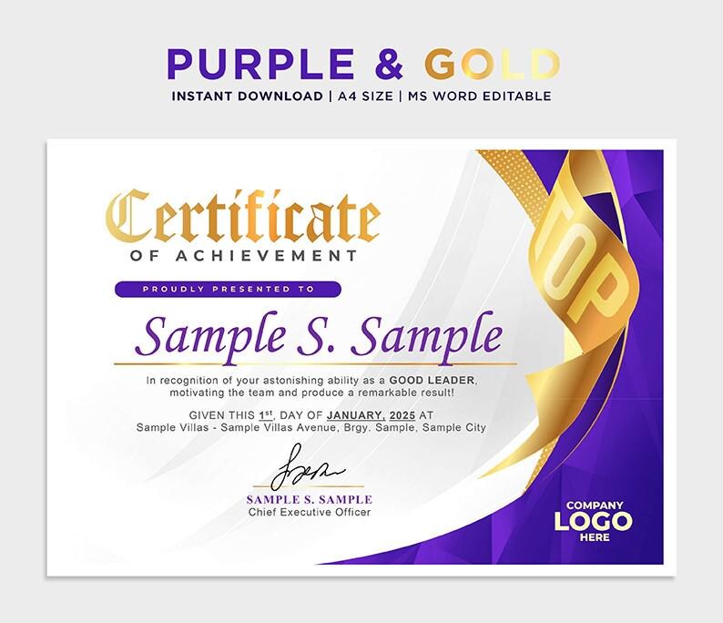 Certificate Design Template V3 | Purple and Gold | A4 Size | Word ...
