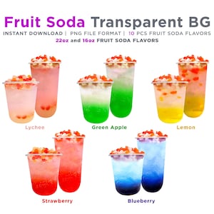 Fruit Soda PNG File Format | (5) 22oz & 16oz Flavors | Transparent Background | Drink Images