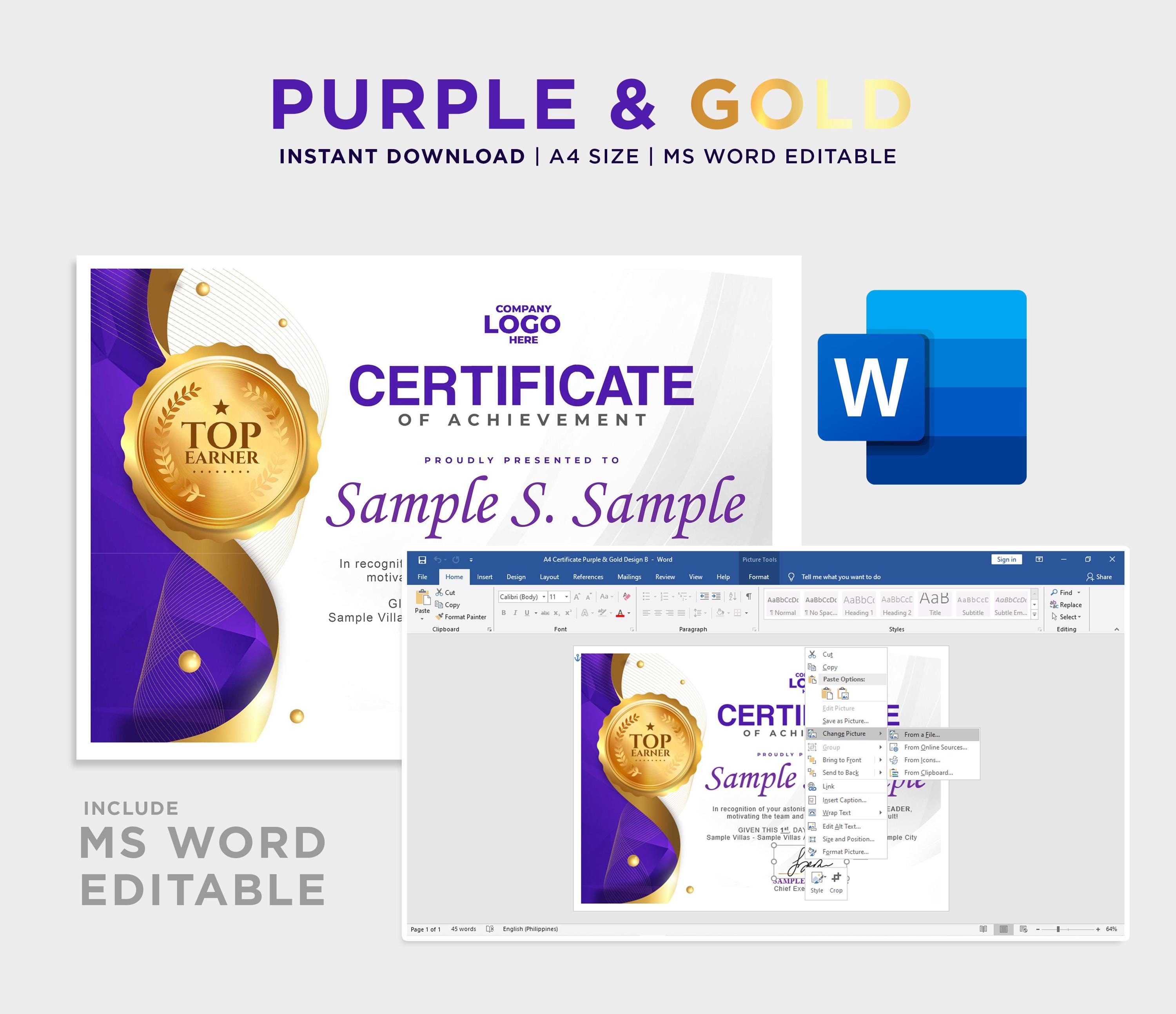 Certificate Design | Purple & Gold V2 | A4 Size | MS Word Editable - Etsy