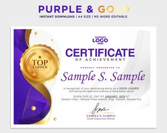 Certificate Template | Purple and Gold V1 | A4 Size | MS Word Editable ...