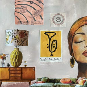 Arte murale boho unica: una donna mistica incontra un poster di musica retrò (collage originale A4)