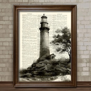 Farol marítimo impresso em ilustração de dicionário em preto e cinza, impressão de arte de dicionário, ideia de presente com tema marinho, marinheiro e pescador /66