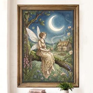 Puede incluir: Una impresión enmarcada de un hada sentada en la rama de un árbol bajo una luna creciente. El hada lleva un vestido fluido y tiene grandes y delicadas alas. El fondo presenta una cabaña, flores y un cielo estrellado.