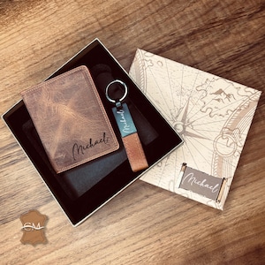 Personalisiertes Geschenkset für Männer, Benutzerdefiniertes Ledergeschenk, Echtleder-Mappe und Schlüsselbund-Geschenkbox, graviertes Luxusgeschenk zum Jubiläum