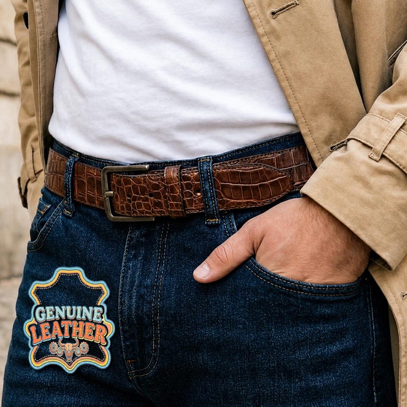 Pu&ograve; includere: Una cintura in pelle marrone con motivo a pelle di coccodrillo &egrave; indossata con jeans blu. La cintura ha una fibbia rettangolare color bronzo. I jeans hanno una toppa "GENUINE LEATHER".