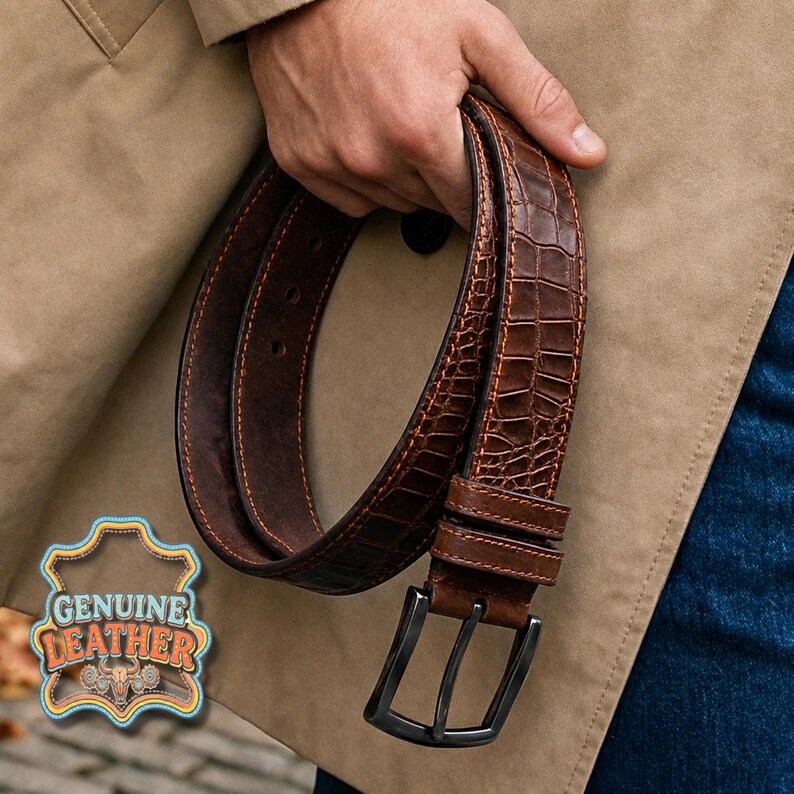 Pu&ograve; includere: Una cintura in pelle marrone con una texture a pelle di coccodrillo. La cintura ha una fibbia in metallo scuro ed &egrave; tenuta da una persona. L'immagine include un logo "GENUINE LEATHER".