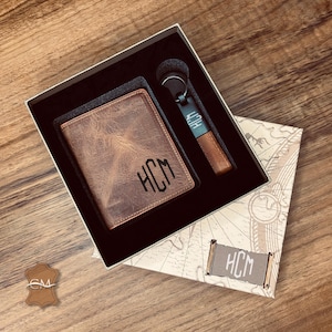 Echtleder Brieftasche und Schlüsselbund Geschenkbox, personalisierte Geschenke für Männer, Benutzerdefinierte Qualität Leder Bifold, graviertes Luxusvatertagsgeschenk