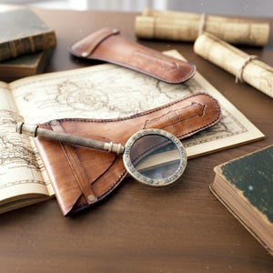 Personalized Vintage Brass Magnifying Glass with Leather Case, Antique Style Handheld Magnifier, Explorer Gift