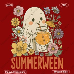 Retro Ghost Summer Halloween PNG: Spooky Beach Cocktail Design (Digital Download