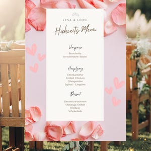 Sjabloon voor huwelijksmenu I Menukaart voor huwelijk I Huwelijksdrukwerk I Gepersonaliseerde huwelijksdecoratie I DIY-sjabloon voor huwelijksmenu met rozenblaadjes