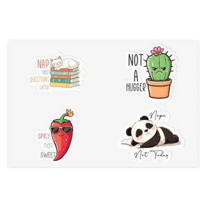 Fogli di adesivi divertenti, set di adesivi originali, idee regalo carine, dolci e personalizzate, regali per studenti amanti dei libri, gatto panda cactus pepe