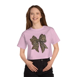 Coquette Tee, Champion Heritage Cropped T-Shirt, Bow Tee, Gift for Her, Leopard Print Coquette Aesthetic, Trendy Women&#39;s Shirt, Animal Print