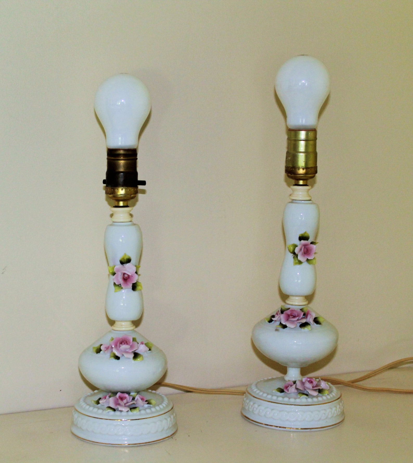 2 Vintage Porcelain Lamps with Pink Roses and Gold Trim Made Etsy