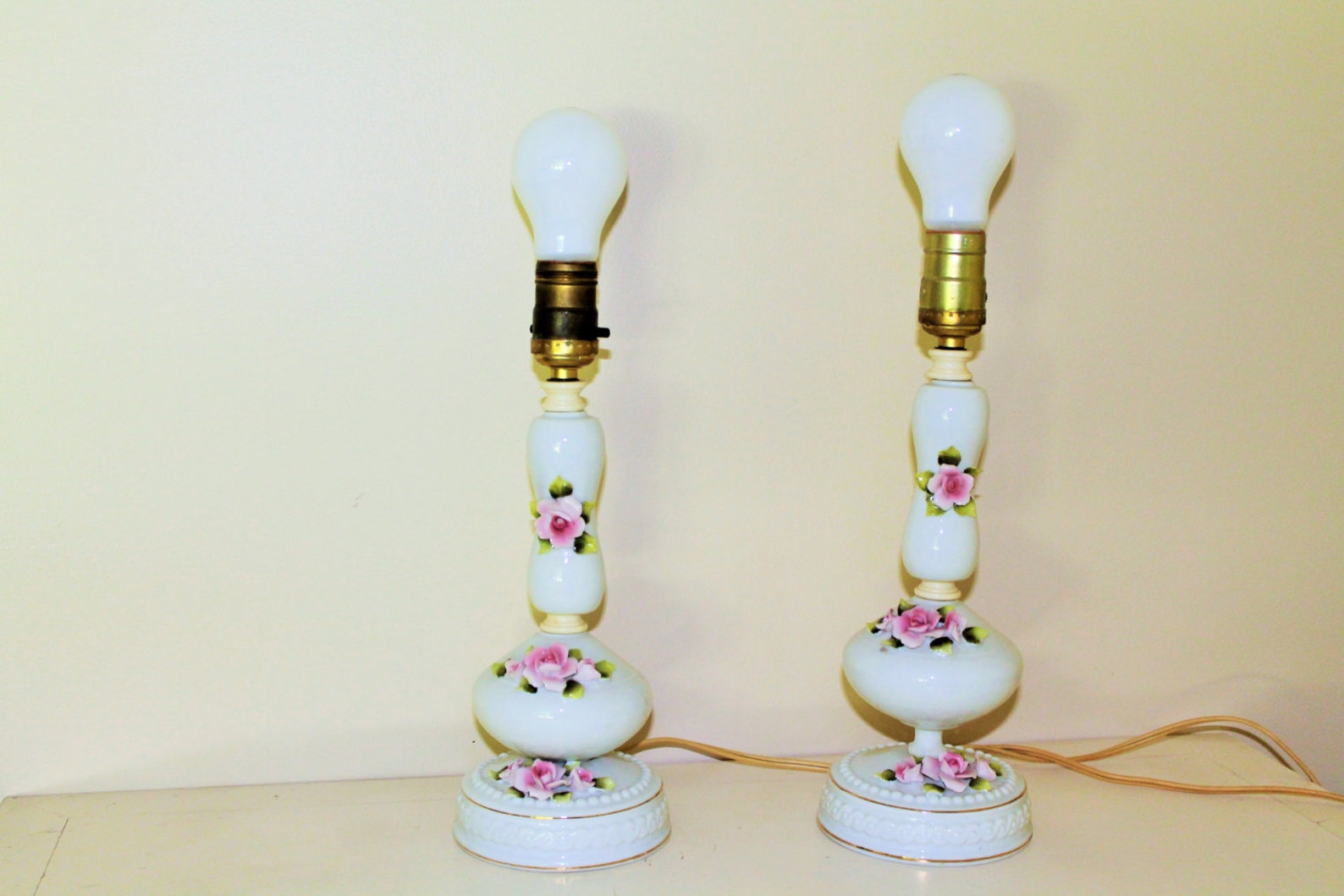 2 Vintage Porcelain Lamps with Pink Roses and Gold Trim Made Etsy