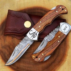 Handmade COPPER DAMASCUS HANDMADE Pocket Folding Knife, Copper Hand Forged Blade Exotic Rose Wood Handle, Groomsman Gifts, Anniversary Gifts