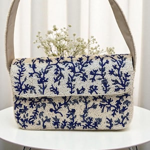 Ivory and Blue Beaded Clutch Bag – Handmade Floral Embroidered Evening Purse, Elegant Bridal Handbag for Women, Wedding Gift for Her