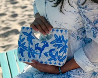 Handmade Beaded Bag: Blue Birds & Floral Vacation Purse