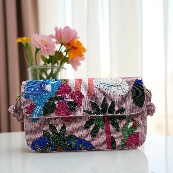 Pink Tropical Beaded Clutch Bag – Handmade Summer Clutch Purse