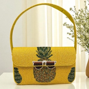Handmade Beaded Pineapple Clutch Bag – Yellow Tropical Evening Purse with Sunglasses Detail | Unique Summer Bridal or Party Handbag