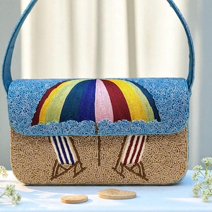 Beach Clutch Bag with Umbrella & Lounge Chair Embroidery – Handmade Beaded Summer Purse for Women – Tropical Vacation Evening Handbag