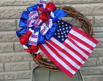 Patriotic Memorial Cemetery Flag Wreath With Roses