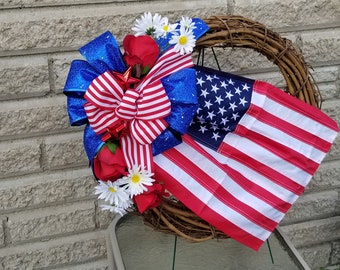 Patriotic Cemetery Wreath with Roses and Daisies