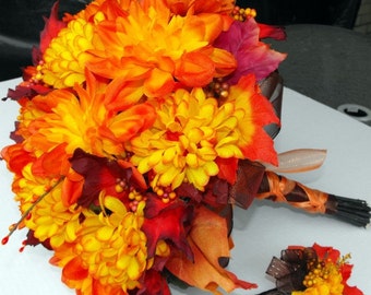 Fall Mum and Leaf Bouquet with Matching Boutineer