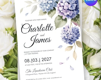 Editable Watercolour Hydrangea Wedding Invitation Printable Hochzeitseinladung Invitation Mariage Blue Floral Elegant Hochzeitskarte Digital