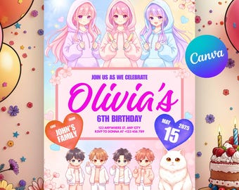 Invitación de cumpleaños de anime K-pop: Plantilla editable de Canva (Descarga digital)