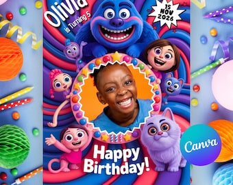 Invitación de cumpleaños de Poppy Playtime, Huggy Wuggy, Kissy Missy, Mommy Long Legs (Plantilla de Canva)