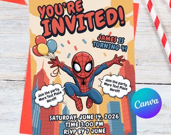 Invitación de cumpleaños de Spidey para niño, invitación para fiesta de Spidey, fiesta infantil de Spidey, invitación temática de Spidey, Spidey y sus amigos (editable, descarga instantánea)