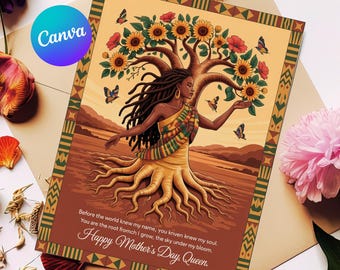 Tarjeta imprimible del Día de la Madre con temática afrocentrista / Regalo para mamá negra y reina africana / Tarjeta digital para mamá de piel morena / Tarjeta de felicitación de arte africano de descarga instantánea
