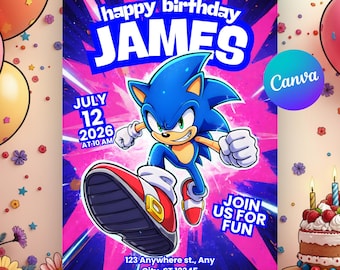 Invitación de cumpleaños de Sonic, Erizo Azul, Fiesta de Sonic, Invitación para Gamer Boy (Plantilla de Canva)