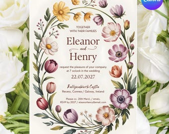 Hochzeitseinladung Corona floral imprimible / Einladung Hochzeit Wildflower Editable / Faire Part Mariage Digital / Davetiye Descarga instantánea