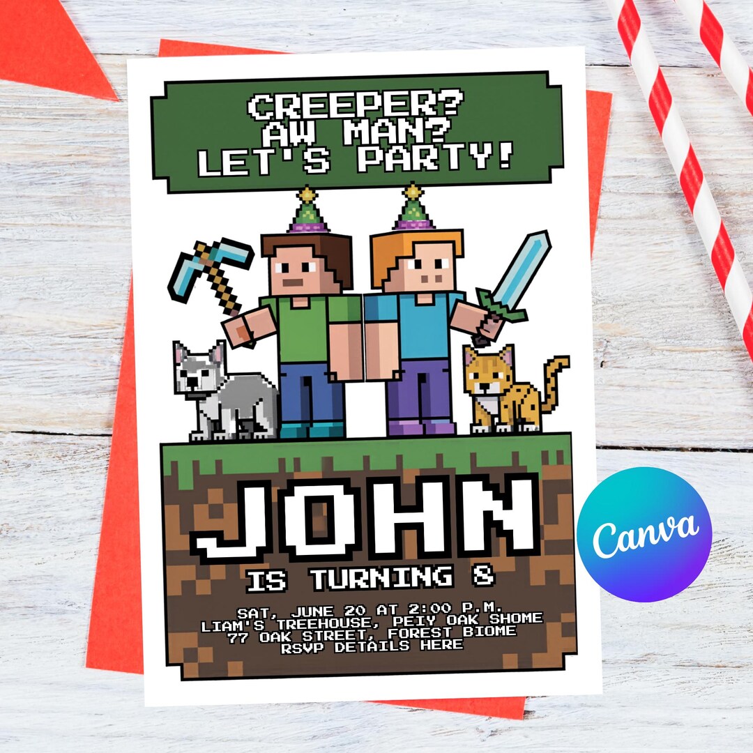 Minecraft Birthday Invitation, Steve, Alex, Creeper, Pixel Party, Gamer ...