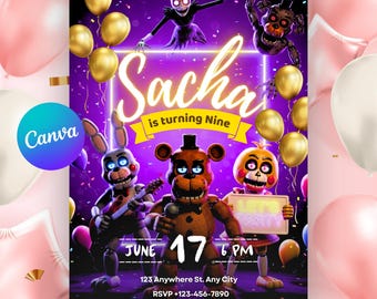 Invitación de cumpleaños de FNAF, Freddy, Bonnie, Chica, Animatrónicos (Plantilla editable de Canva)