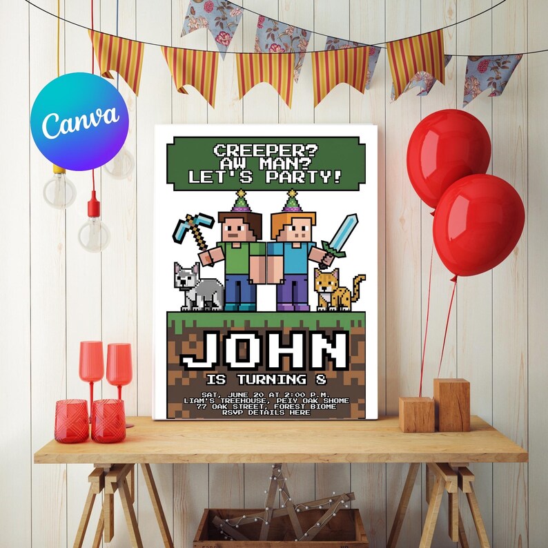 Minecraft Birthday Invitation, Steve, Alex, Creeper, Pixel Party, Gamer ...