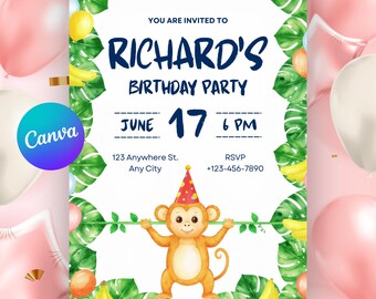 Invitación de cumpleaños de mono de safari en la jungla (plantilla editable de Canva) Descarga digital