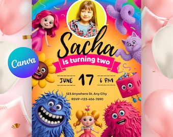 Invitación de cumpleaños de Poppy Playtime, Huggy Wuggy, Kissy Missy, Mommy Long Legs (Plantilla de Canva)