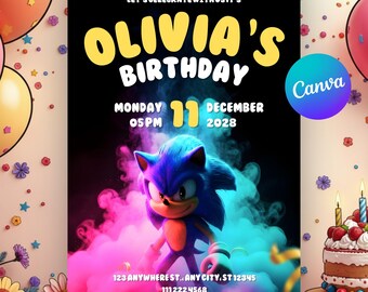 Invitación de cumpleaños de Sonic imprimible con temática neón / Invitación editable para fiestas infantiles con temática oscura / Tarjeta de cumpleaños para gamers (descarga instantánea, plantilla digital)