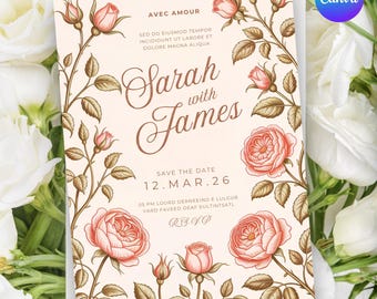 Editable Coral Garden Rose Wedding Invitation Printable Hochzeitseinladung Invitation Mariage Vintage Floral Roses Hochzeitskarte Digital
