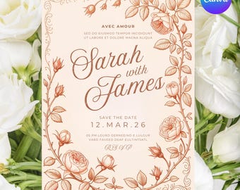 Plantilla de invitación de boda botánica editable imprimible Vintage Rose Floral Hochzeitseinladung Invitation Mariage Hochzeitskarte Digital