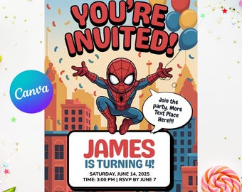 Invitación de cumpleaños de Spidey para niño, invitación para fiesta de Spidey, fiesta infantil de Spidey, invitación temática de Spidey, Spidey y sus amigos (editable, descarga instantánea)