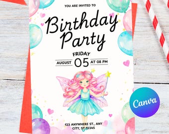 Invitación de cumpleaños de hadas: Plantilla de fiesta de princesa en acuarela (Descarga digital)